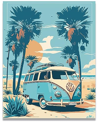 Inspirational Wall Art Co. - Blue Palm Trees | Retro Volkswagen Van Beach Poster - Vintage Surf Prints - VW Pictures For Beach House | 11x14 Inches Unframed - color: Palm