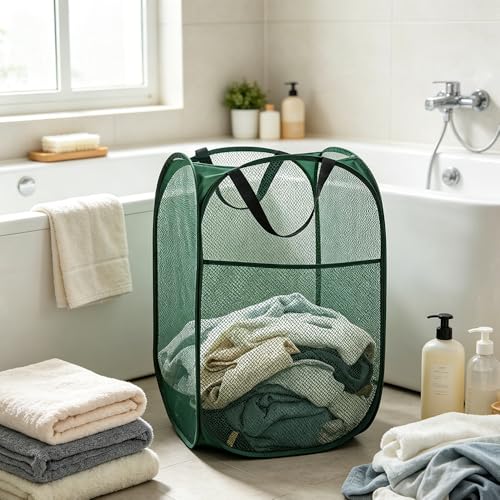 Larpur Pop Up Laundry Hamper Collapsible Laundry Basket, Portable Mesh Clothes Hamper, Dark Green - color: Dark Green