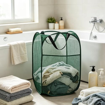 Larpur Pop Up Laundry Hamper Collapsible Laundry Basket, Portable Mesh Clothes Hamper, Dark Green - color: Dark Green