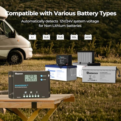 Renogy Wanderer 10A Solar Charge Controller - 12V/24V PWM Auto-Detect, LCD Display, USB & Lithium Support for RV Marine Off-Grid - size: 10A Standard