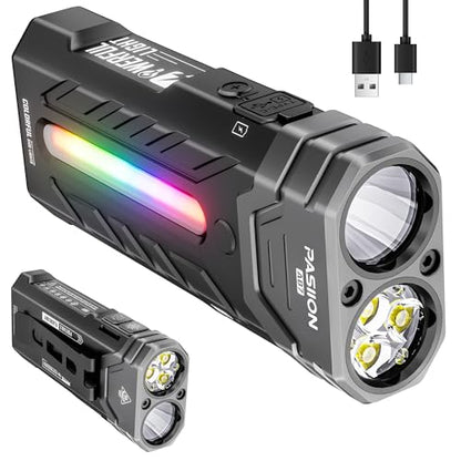 EDC Rechargeable Flashlight 3250 Lumens with RGB Light,55 Modes Multifunctional Flat Flashlight with Floodlight,Spotlight and Magnetic Base,Waterproof USB C Flashlight for Camping,Home,Emergencies - size: Black