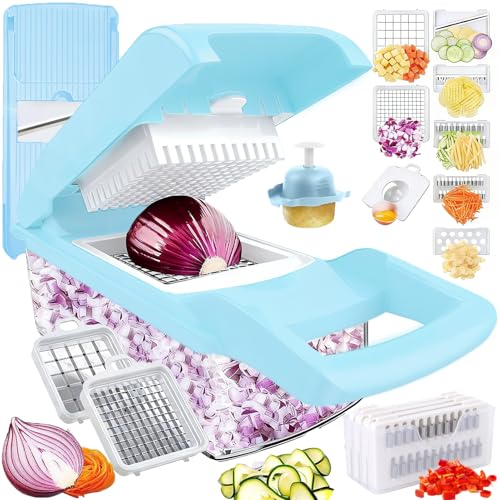 Pro-Series 16-in-1 Vegetable Chopper, Dewpeton Mandoline Slicer, Veggie Chopper, Food Chopper with Container, Vegetable Cutter Chopper & Spiralizer for Onion Salad (Home Essential Gadget & Kitchen) - color: Blue, size: 8 Blades