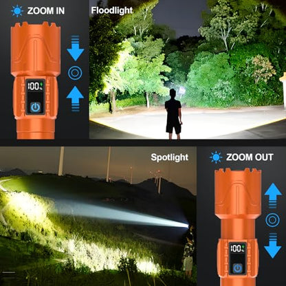 Rechargeable Tactical Flashlights 2000 High Lumens - 5000mAh Super Bright LED Powerful Flash Light, Waterproof Handheld USB C Flashlight for Home,Car,Camping,Emergencies,5 Modes,Zoomable (1, Orange) - color: Orange