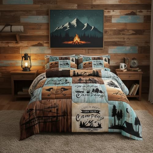 Happy Camping Comforter Set,Lake Boat Pine Tree Pattern Bedding Set 2Pcs,Vintage Rustic Farmhouse Quilt Set Brown Green Blue Plaid Old Wood Patchwork Duvet Insert Kids Teens Adult Twin Size - color: Camp 01, size: Twin