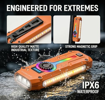 HAUSBELL Flat EDC Flashlight,1800 Lumen UV Magnetic Rechargeable Pocket | Stepless Dimming Dial,Stainless Steel Body,RGB+UV,USB-C Fast Charge,Magnetic Base,Waterproof, for Work,Camping & Emergency - color: Orange
