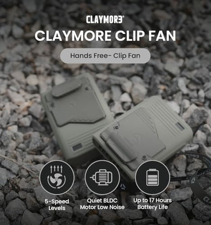 Claymore Clip Fan Khaki – Portable Rechargeable Neck Waist Wearable Fan with 5200mAh Battery, 5-Speed Quiet BLDC Motor, Hands-Free Neck Strap Design, USB-C Charging Camping, Hiking, Outdoor Use - style: Clip Fan (Khaki)