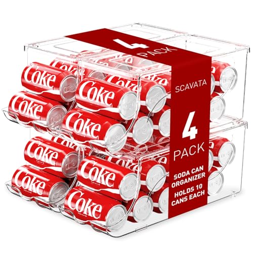 SCAVATA 4 Pack Stackable Refrigerator Organizer, Soda Can Dispenser Pop Cans Container Beverage Holder with Lid for Fridge, Freezer, Kitchen, Clear Plastic Storage Bins-Holds 10 Cans Each - color: Transparent