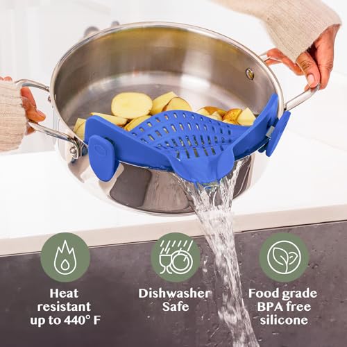 Kitchen Gizmo Snap N' Strain - Silicone Clip-On Strainer for Pots, Pans, and Bowls - Heat-Resistant Kitchen Gadgets, Essential Colander Drainer for Vegetables and Pasta - 7.87x2.76x4.53-Inch (Blue) - color: Blue