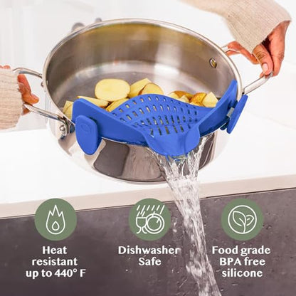 Kitchen Gizmo Snap N' Strain - Silicone Clip-On Strainer for Pots, Pans, and Bowls - Heat-Resistant Kitchen Gadgets, Essential Colander Drainer for Vegetables and Pasta - 7.87x2.76x4.53-Inch (Blue) - color: Blue