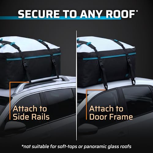 Rooftop Cargo Carrier - 15 Cubic Feet (L), Waterproof Soft Shell Car Roof Cargo Carrier, Heavy Duty Car Top Luggage Cargo Bag with Patented Door Hooks and Non-Slip Mat - size: 15 Cubic Feet