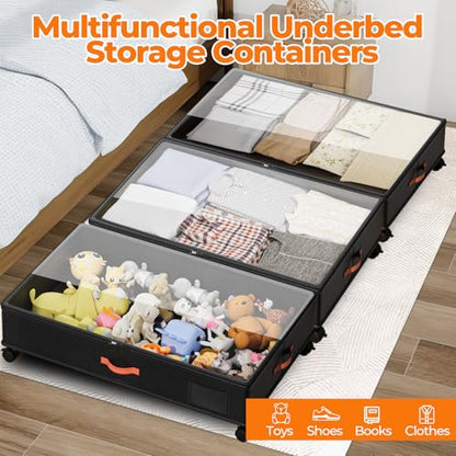 Under Bed Storage with Wheels,2-Pack Under Bed Storage Containers with Clear Lids,XXL Large Under the Bed Storage Organizer Bins With Handles,Space Saving Design for Clothes,Shoes,Books-Black