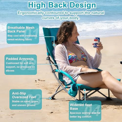 Romswi Compact High Back Beach Chair, Lightweight Low Seat Travel Chair, Beach Chair Fits in Suitcase, 400lbs Heavy Duty Folding Camping Chair with Cup Holder & Pocket, Green - color: Green - High Back