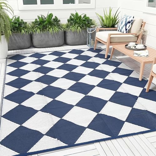 IDEALHOUSE Outdoor Rug, Reversible Waterproof Plastic Patio Mat, UV Resistant Large Floor Mat with Carry Bag, Portable RV Mat for Camping, Picnic, Backyard, Navy & White Checkered, 9' x 12' - color: Blue/White, size: 9' x 12' (Rectangular)
