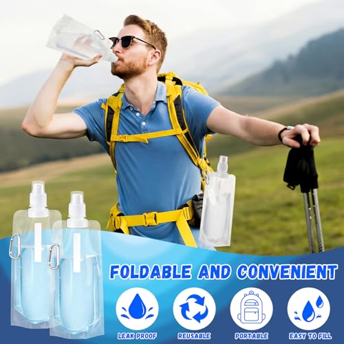 Teenyyou 24 Pack Collapsible Water Bottles Bulk 16oz Foldable Water Bottles with Carabiner Reusable Drinking Leak Proof Container Bags for Sport Biking Hiking Camping Travel Outdoor (Transparent) - color: Transparent