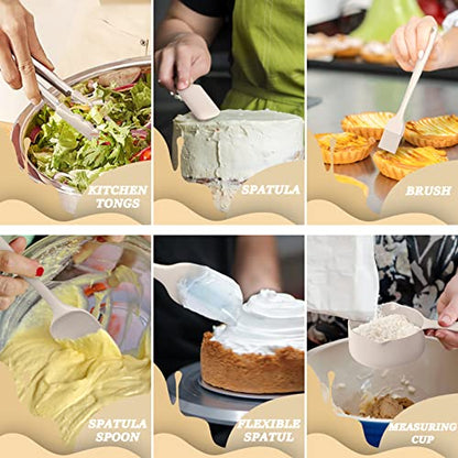 Mixing Bowls with Airtight Lids Set, 26PCS Stainless Steel Khaki Bowls with Grater Attachments, Non-Slip Bottoms & Kitchen Gadgets Set, Size 7, 4, 2.5, 2.0,1.5, 1QT, Great for Mixing & Serving - color: Khaki