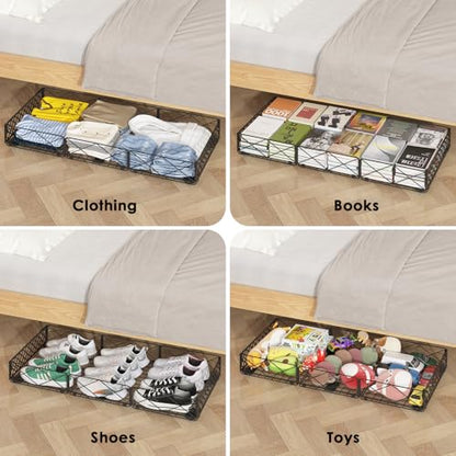 NADAMOO 5.4 in Low Profile Under Bed Storage, 36.6" Ultra Long Metal Underbed Organizer with 6 Smooth Rolling Wheels, 110 lbs Heavy Duty Foldable Under Bed Container for Shoes, Clothes, Toys, 2 Packs