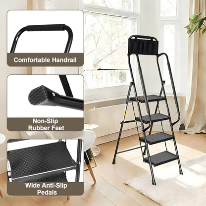 Valeo 4 Step Ladder with Handrails,500 Lbs Capacity,Folding Step Stool Ladder with Attachable Tool Bag,Lightweight & Storage Step Ladder 4 Step Folding,Multi-use for Home,Kitchen,Office,Black - style: 4 Step Ladder with Handrails