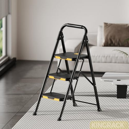 KINGRACK 3 Step Ladder, Sturdy Steel Step Stool with Safe-Lock Design, Handrail, Anti-Slip Wide Pedals, Pass 800lbs Load Testing, Folding Portable Ladder for Multi-Purpose, Home, Kitchen, Black - size: 3-Step
