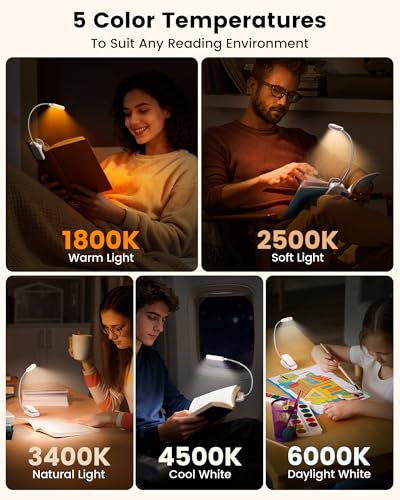 Glocusent 20 LED Reading Lights for Books in Bed, Eye Caring Reading Light, 5 Colors & 5 Brightness 3–100LM Dimmable, 1200mAh Rechargeable Book Light to 90H, Lightweight Clip on Light for Book Lovers - color: Pink