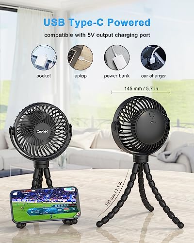 Coohea Stroller Fan Clip on for Baby, 4000mAh Rechargeable Battery Operated, Flexible Tripod, 3 Wind Speed, 360° Rotatable, Small Cooling Portable Fan for Car Seat Crib Golf Cart Bike Treadmill, Black - color: Black