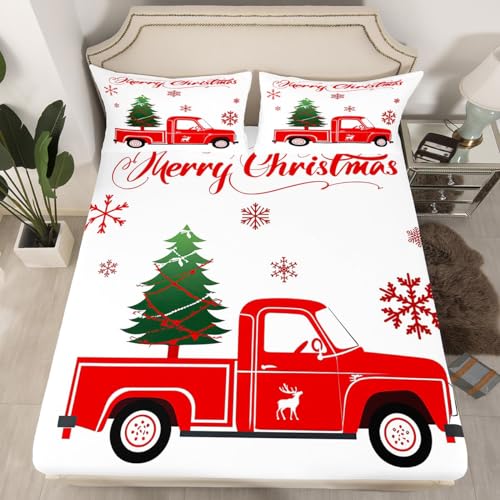 Christmas Tree Fitted Sheet Twin Size Red Truck Bedding Set Boys Girls Red Xmas Gift Snowflakes Fitted Bed Sheets for Teens Bedroom Decor Elk Deer Christmas Decorations Sheet with Deep Pocket - color: Multi 0216, size: Twin (No Top/Flat Sheet)