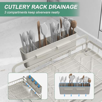Dish Drying Rack,Dish Racks for Kitchen Counter,Metal Dish Drainer with Adjustable Drainage Spout,Removable Knife and Fork Holder (Grey) - color: 1 Tier - Grey