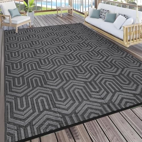 Outdoor Rug 8x10 Waterproof Patio Rugs Abstarct Line Reversible Mat for Front Door Rv Foldable Plastic Straw Carpet for Travel Trailers, Deck, Porch, Camper, Balcony, Beach，Black/Grey - color: Abstarct - Black/Grey, size: 8' x 10' (Rectangular)