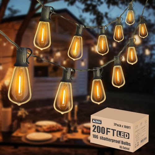 Achin Outdoor String Lights 200FT Vintage Edison String Lights with 104 Shatterproof ST38 Bulbs LED Dimmable Warm 2200K Plastic Patio Lights Outdoor Waterproof for Yard Gazebo Market Bistro Lights - color: ST38-Black-2200K, size: 200FT 100 Bulbs(2*100FT)