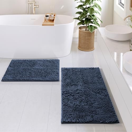 Hearth & Harbor Bathroom Rugs, Chenille Bath Mat - Machine Washable Bath Mats for Bathroom Non-Slip Backing Rubber, Quick Dry Bathroom Mat - color: Navy Blue, style: 17 x 24 + 20 x 32