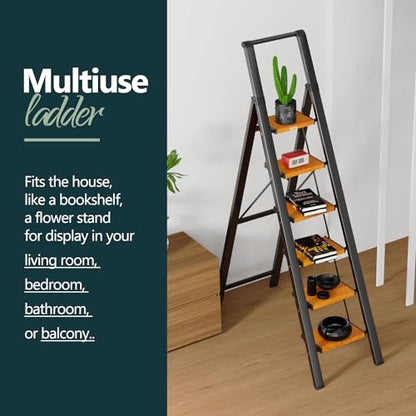 WOA WOA Step Ladder 6 Step Folding, Foldable Tall Ladder with Handrail, Aluminum Stepladder for High Ceilings, Lightweight, Deep Pedals, Anti-Slip Feet, Capacity 300 lbs - Black & Wood Grain - color: Black & Wood Grain, size: 6 step