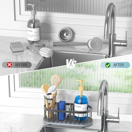 Sponge Holder for Kitchen Sink with High Brush Holder, [Stay-Dry Anywhere & No Drainage Needed] Rustproof Stainless Steel Kitchen Sink Caddy Organizer with Water Absorbing Stone Tray, Grey - color: Grey