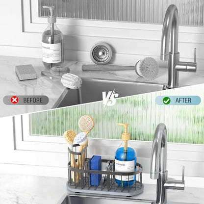 Sponge Holder for Kitchen Sink with High Brush Holder, [Stay-Dry Anywhere & No Drainage Needed] Rustproof Stainless Steel Kitchen Sink Caddy Organizer with Water Absorbing Stone Tray, Grey - color: Grey