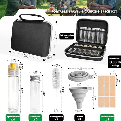 Portable Travel Camping Spice Kit, 12 Jars with EVA Bag, Funnel & Brush | 6 Mini Salt & Pepper Shakers, 6 Squeeze Bottles, Picnic Prep, Outdoor Travel Cooking, Compact carry
