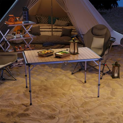 Outsunny Folding Camping Table, Adjustable Height Aluminum Table, Portable Camping Table for Picnic, Beach, BBQ, Light Brown
