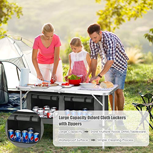 Goplus Folding Camping Table with Storage, Aluminum Outdoor Camp Table with 2-Level Adjustable Height, Lightweight Portable Foldable Picnic Table for Tailgating Beach BBQ Party RV