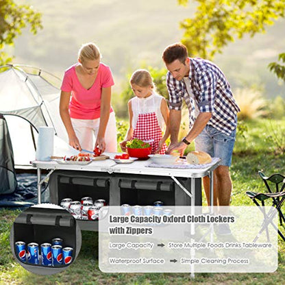 Goplus Folding Camping Table with Storage, Aluminum Outdoor Camp Table with 2-Level Adjustable Height, Lightweight Portable Foldable Picnic Table for Tailgating Beach BBQ Party RV