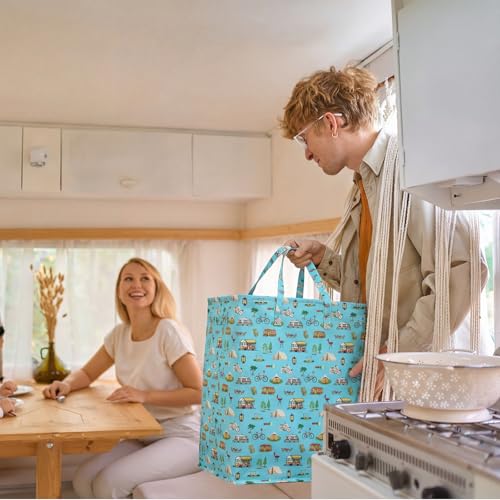 60 L Large RV Collapsible Laundry Hamper with Lid and Drawstring Freestanding Waterproof Laundry Basket, Long Handles for Portability, Tall Clothes Baskets for Rv Camper Bedroom Bathroom Accessories