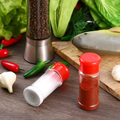 Amyhill 100 Pcs Plastic Spice Bottles Spice Jars Seasoning Jars Shaker Plastic Jars 3.3 Oz/ 100ml Seasoning Shaker with Shaker Lids(Red Lid) - color: Red Lid