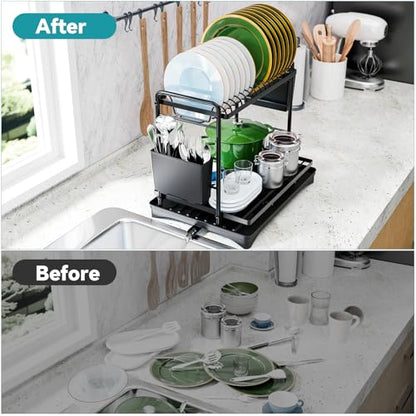 Simple Trending Dish Rack, Dish Drying Rack 2 Tier, Stainless Steel Dish Drainers with Utensil Holder and Drainboard for Kitchen Sink Organizers, 12" w x 16.6" L, Black