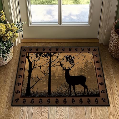 Brown Washable Entry Rug 2x3 Kitchen Rugs for Entryway Bathroom Ulta-Thin Non-Slip Low Pile Indoor Entrance Door Mat,Deer Country Cabin Wildlife Throw Rug Rustic Small Accent Area Rugs for Front Door - color: Brown Black, size: 2'x3'