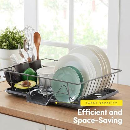 Sweet Home Collection Space-Saving 3-Piece Dish Drainer Rack Set: Efficient Kitchen Organizer for Quick Drying and Storage - Includes Cutlery Holder and Drainboard - Maximize Countertop Space, Gray - color: Gray