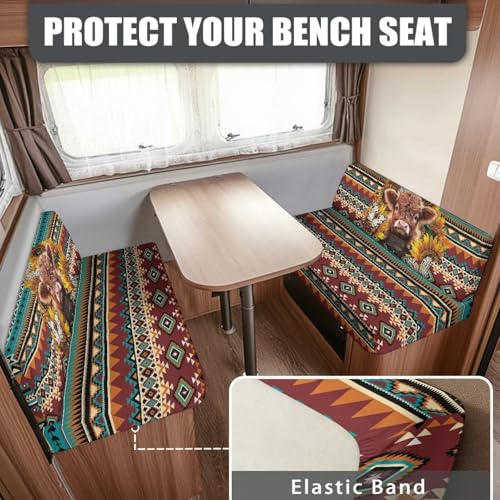 Aztec Print RV Cushion Covers Dinette Booth Seats Sunflower and Highland Cow Camper Cushion Covers Couch Cover 2 Cushion Slipcovers RV Sofa Cover No Arm RV Bench Seat Covers for Dinette - color: Aztec Sunflower Highland Cow