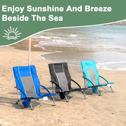 Romswi Low Beach Chairs for Adults 2 Pack, Lightweight Folding Sand Chairs with Breathable Mesh Back & Cup Holder, Portable Compact Camping Chairs, 300lbs Capacity,Black - color: Black - Low Back