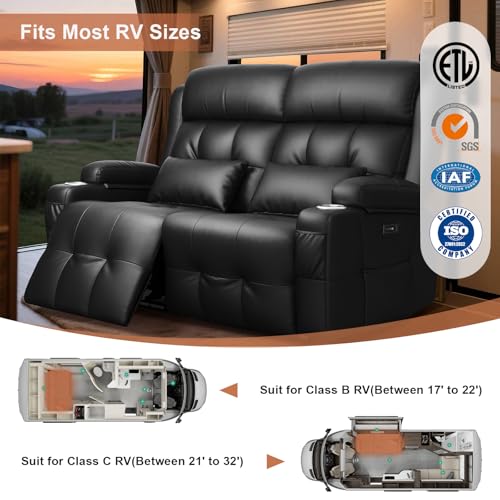 Power RV Loveseat Recliner Sofa, Reclining Loveseats Couch for RV Furniture, Home Theater Seating with Heat Massage, USB, Insert Pockets, Cup Holders, 150° Wall Hugger RV Recliners Sleeper Sofas - color: Black, size: Loveseat-G1-Power