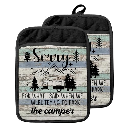 Vintage Camper Camping Pot Holders with Pockets, Funny Rustic Mountain Camping Oven Pot Holders Heat Resistant Oven Mitts Hot Pads for Kitchen Baking Cooking - color: Campfire-f