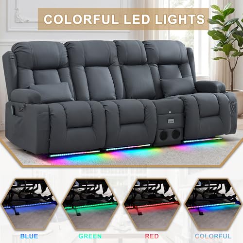 URRED Power Loveseat Recliner Sofa with Massage and Heat, Wall Hugger Reclining Loveseat with Console, RV Couch Home Theater Seating with LED Lights for Living Room (Blue Grey, 89.8" - 3 Seats) - color: Blue Grey, size: 89.8" - 3 Seats