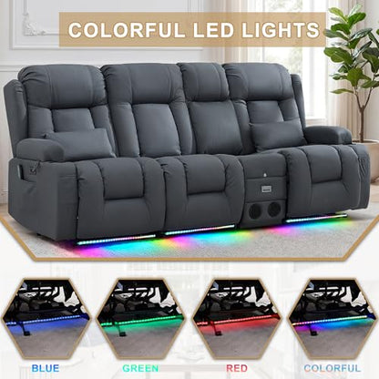 URRED Power Loveseat Recliner Sofa with Massage and Heat, Wall Hugger Reclining Loveseat with Console, RV Couch Home Theater Seating with LED Lights for Living Room (Blue Grey, 89.8" - 3 Seats) - color: Blue Grey, size: 89.8" - 3 Seats