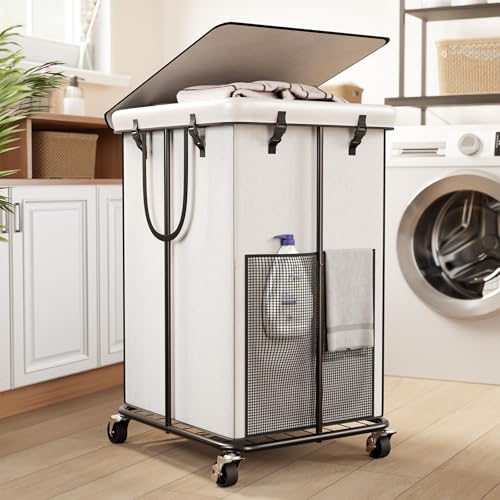 40 Gal Large Laundry Hamper with Lid, Rolling Laundry Basket with Wheels, Oxford Fabric Dirty Clothes Hampers with Removable Laundry Bag & Metal Frame for Bedroom, Laundry Room, Bathroom, Dorm(White) - color: White-2