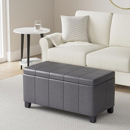 SIMPLIHOME Dover Storage Ottoman Bench - 36 inch Wide Upholstered Vegan Leather Rectangular Lift-Top Ottoman in Distressed Black, Contemporary Bench for Living Room with Safety Hinges - color: Distressed Black