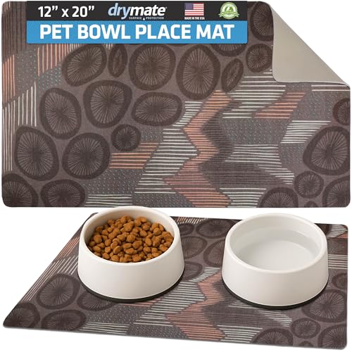 Drymate Pet Bowl Placemat, Dog & Cat Food Feeding Mats, 12x20, Abstract | Absorbent Fabric, Waterproof Backing, Slip-Resistant, Machine Washable, Contains Spills & Mess, Protects Floors, USA Made - color: Abstract Lines Grey, size: 20"L x 12"W